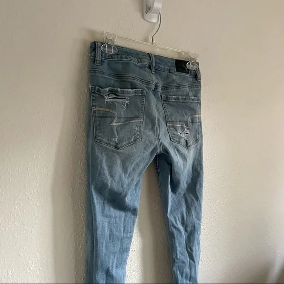American Eagle Jeggings Super Stretch High Rise Skinny Light Wash Distressed - Picture 9 of 11